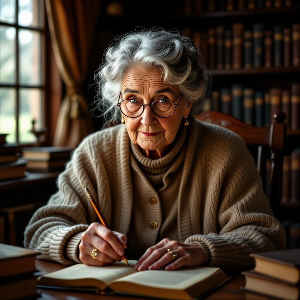 Wise Grandmother in Library with Carved Pencil