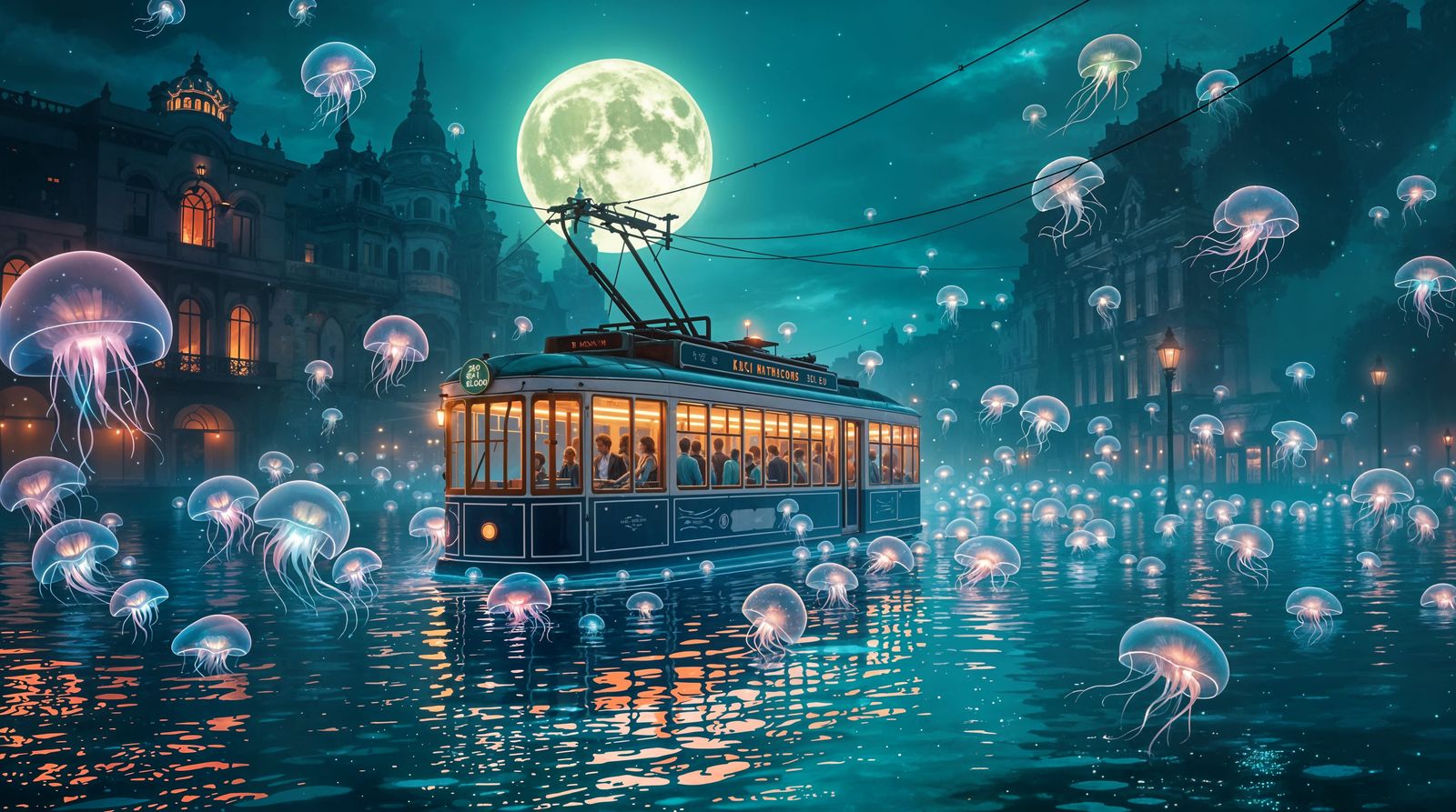 Magical Cityscape with Glowing Jellyfish and Vintage Tram