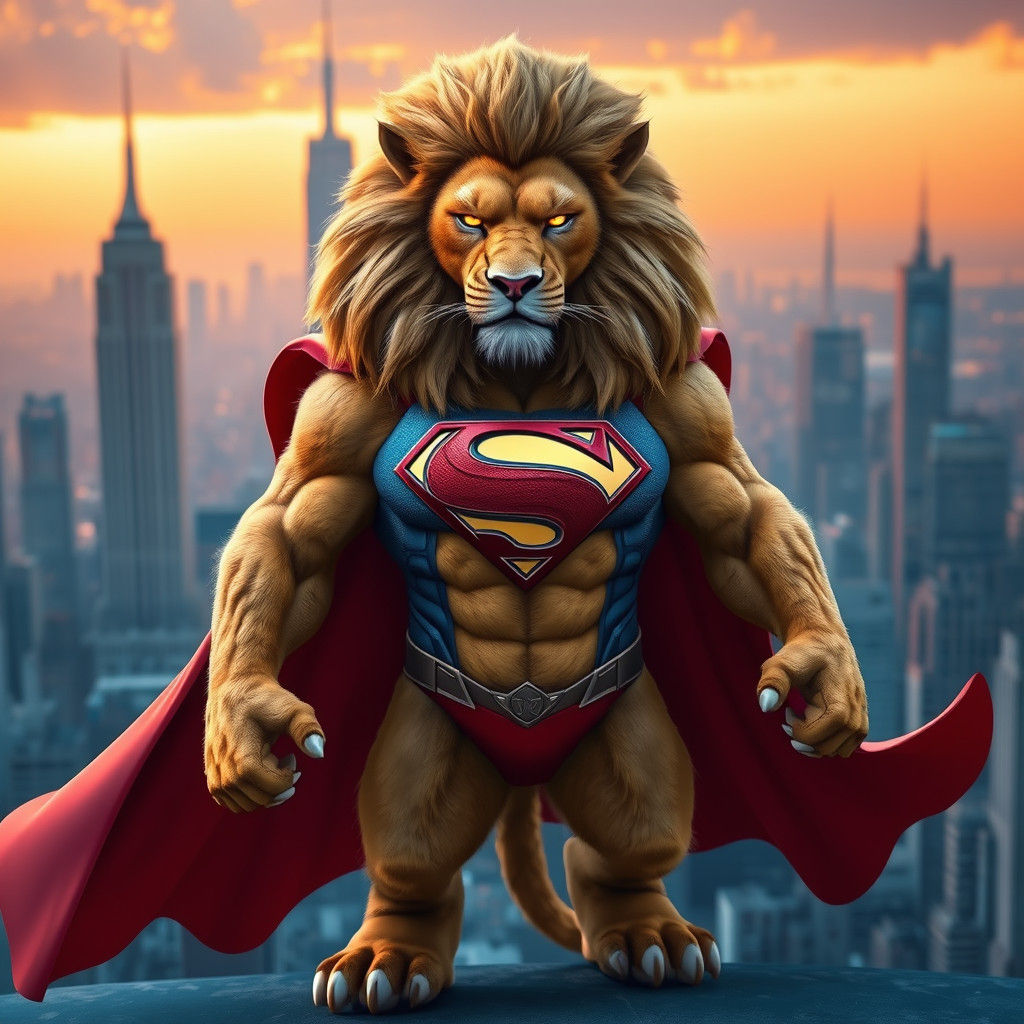 Heroic Lion-Superman Hybrid in Matte Painting Style