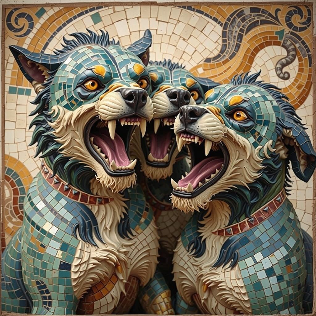 Byzantine Mosaic of Fierce Triheaded Canine in Vintage Hues