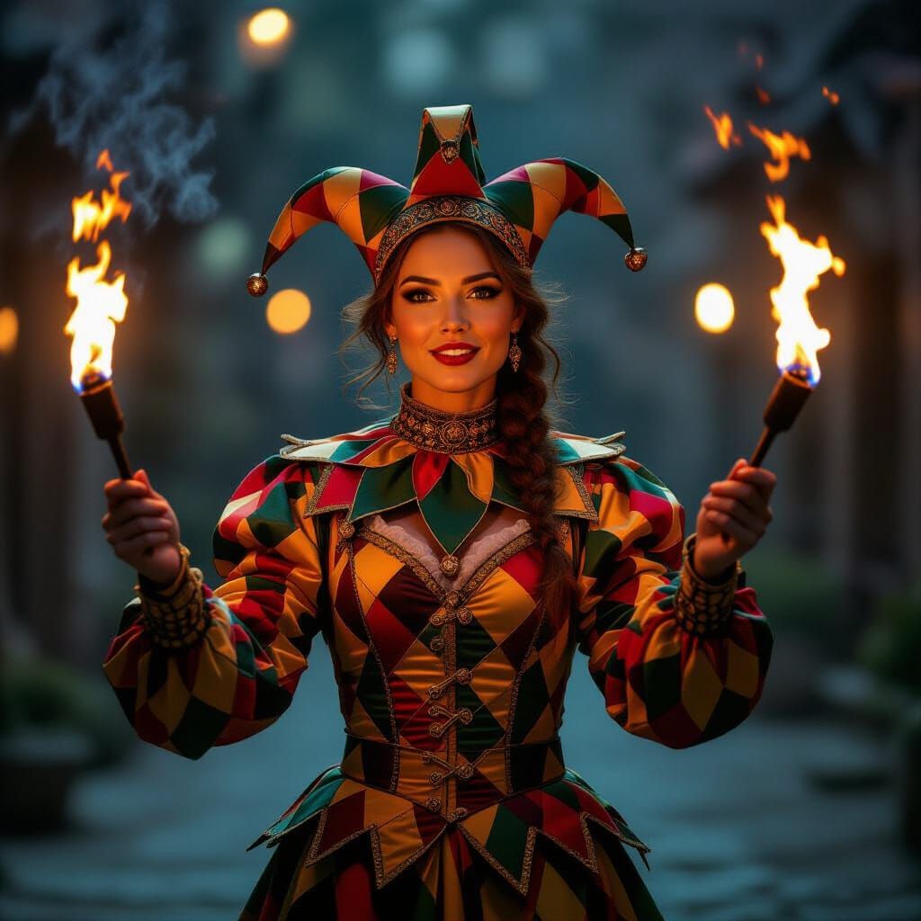 Photorealistic Jester Woman Juggling Flaming Torches in Cine...