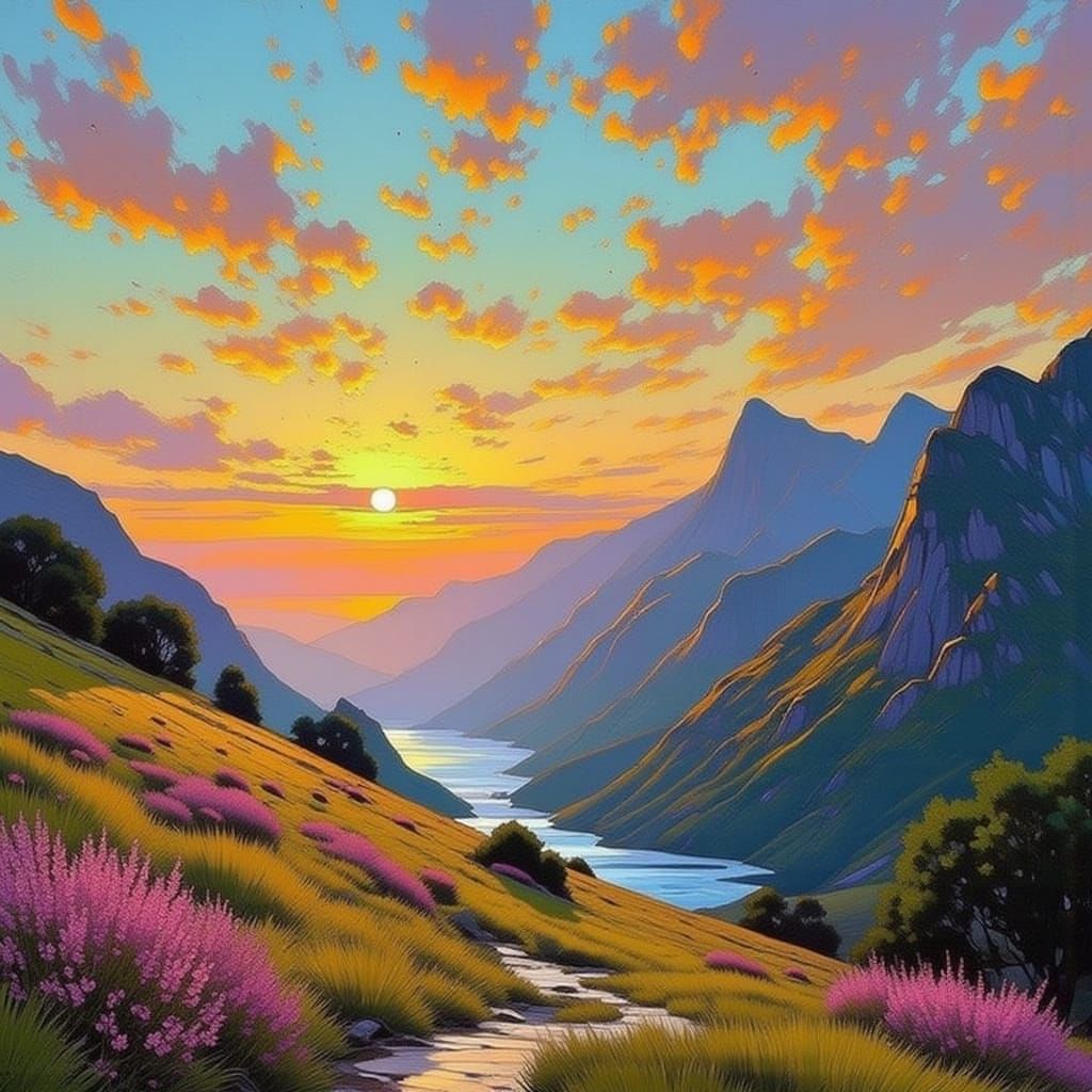 Soothing Sunset Masterpiece Over Lavender Fields