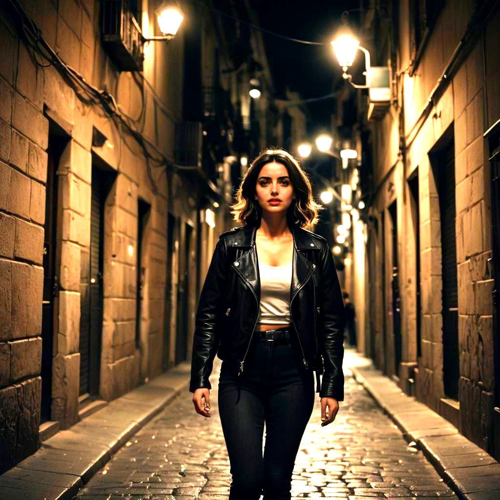 Woman in Leather Jacket in Barcelona