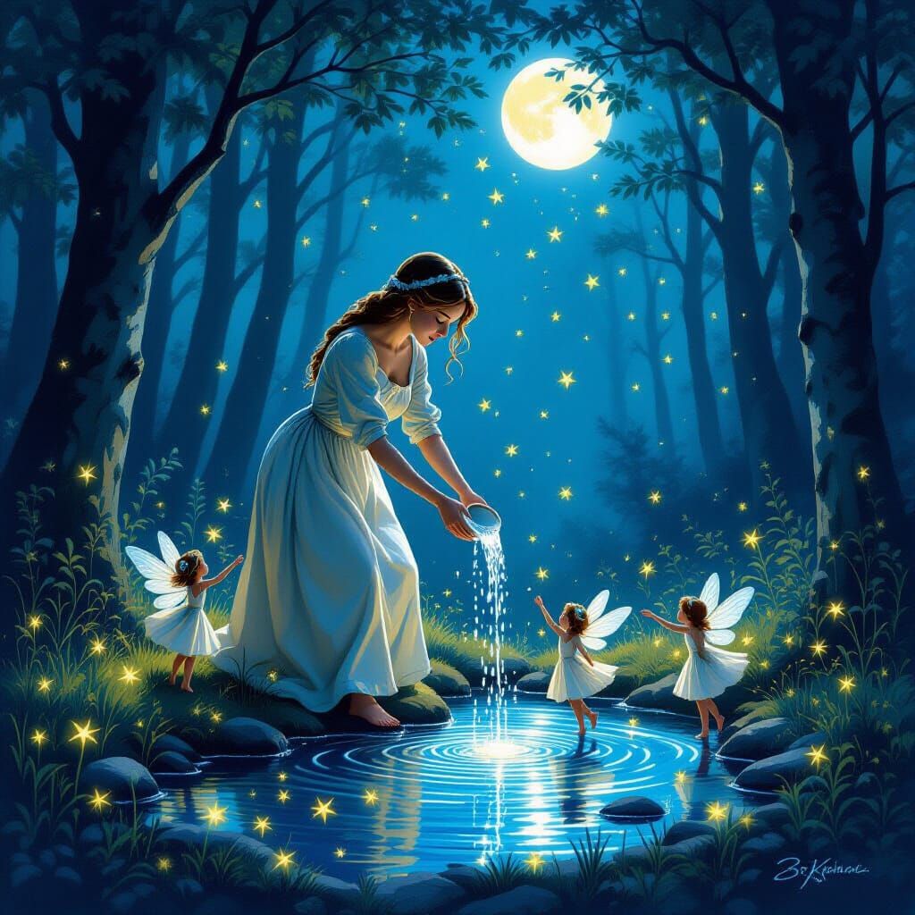 Washerwoman Statue in Moonlit Forest with Fairies