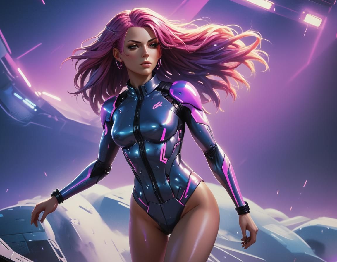 Cyberpunk Netrunner Woman in Neon-lit Cityscape