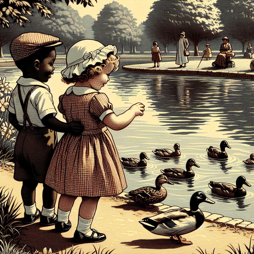 Children Admiring Ducks: A Vintage Stippling Illustration