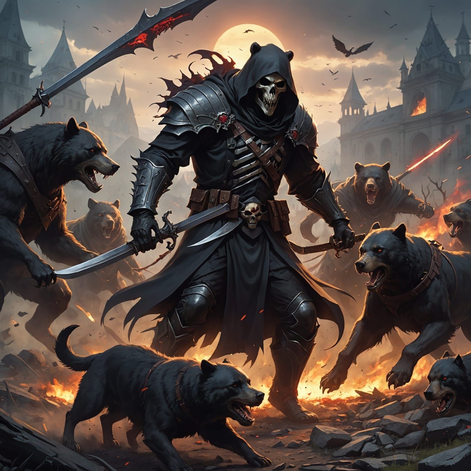 Grim Reaper and Hell Hounds vs Zombie Bear in 3D Anime Art