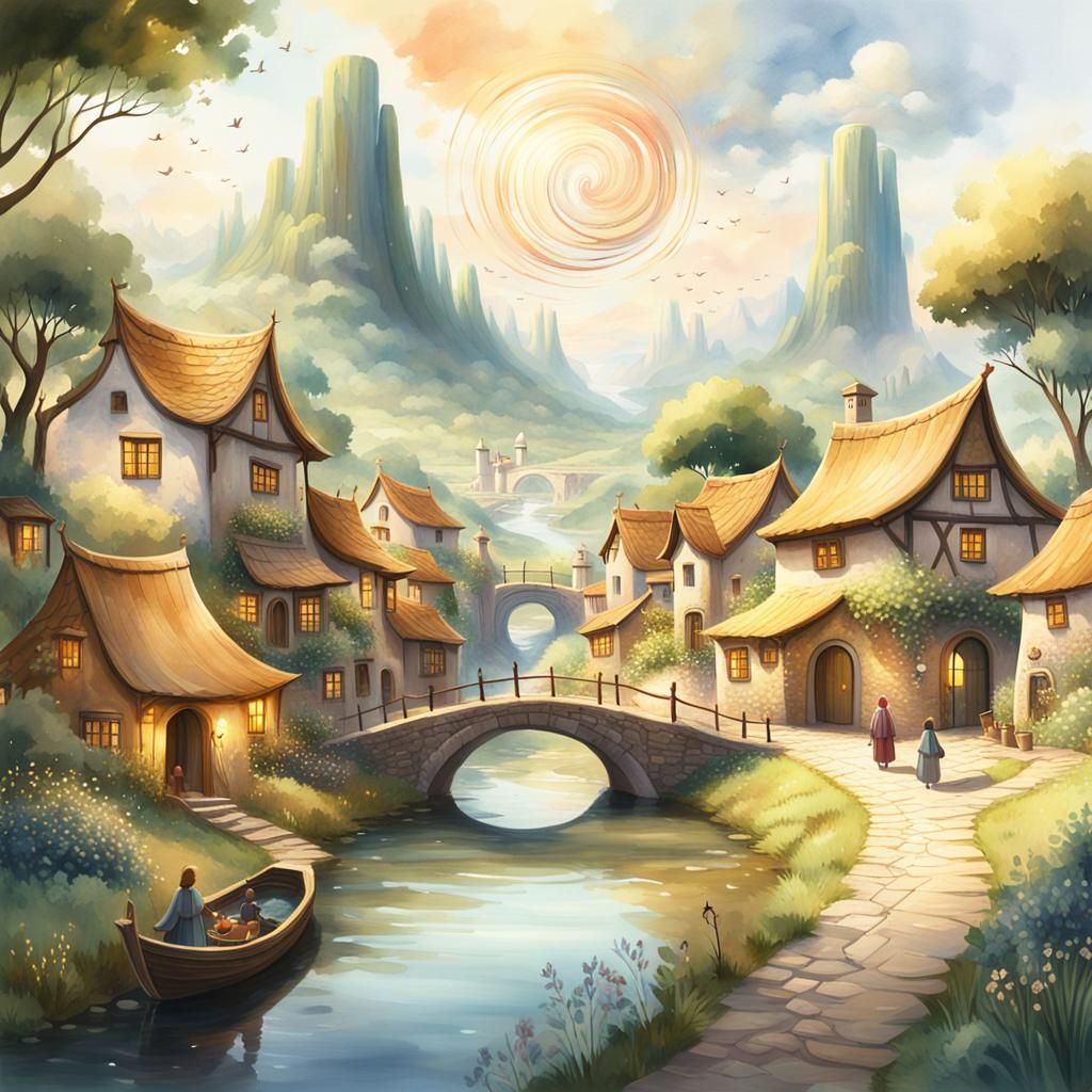 Tranquil Village with Teleportation Portal