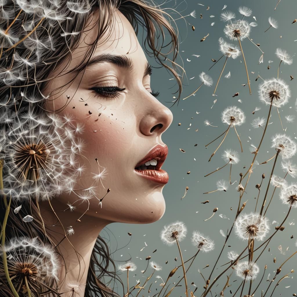 Woman Blowing Dandelion Seeds in Hyperdetailed Image