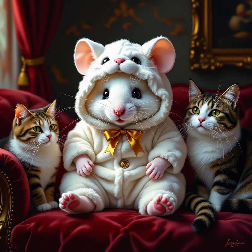 Mouse in Cat Costume Among Cats
