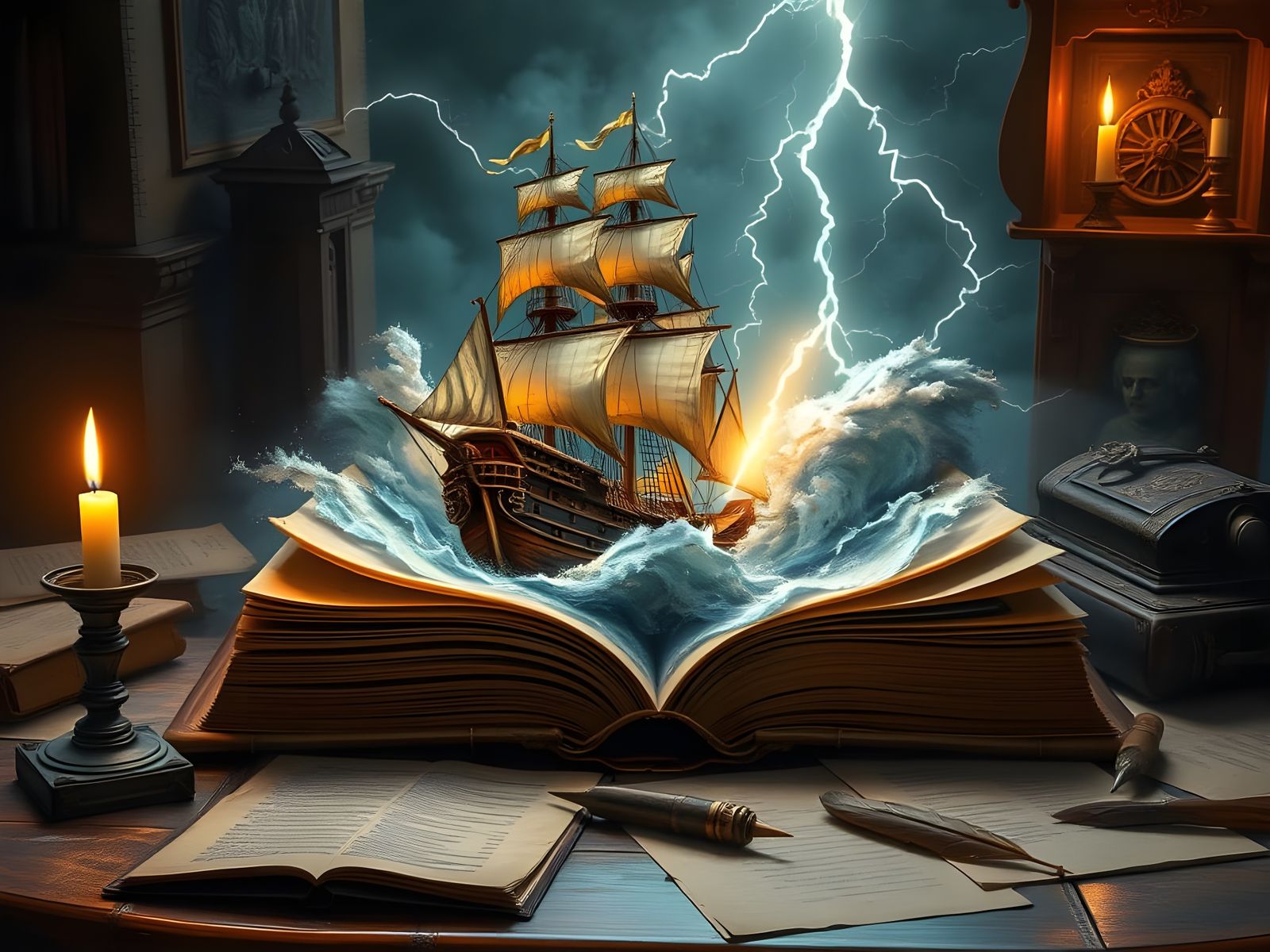 Pirate Ship Emerges from an Open Book in a Cyberpunk Storm