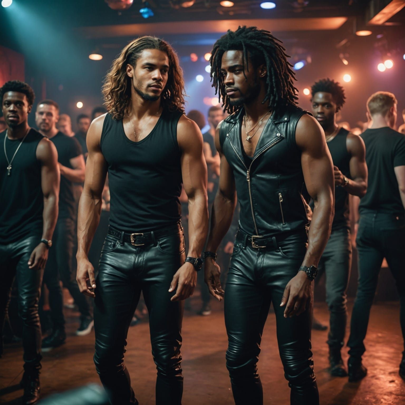 Two Men Dancing in Nightclub, Cinematic Film Still