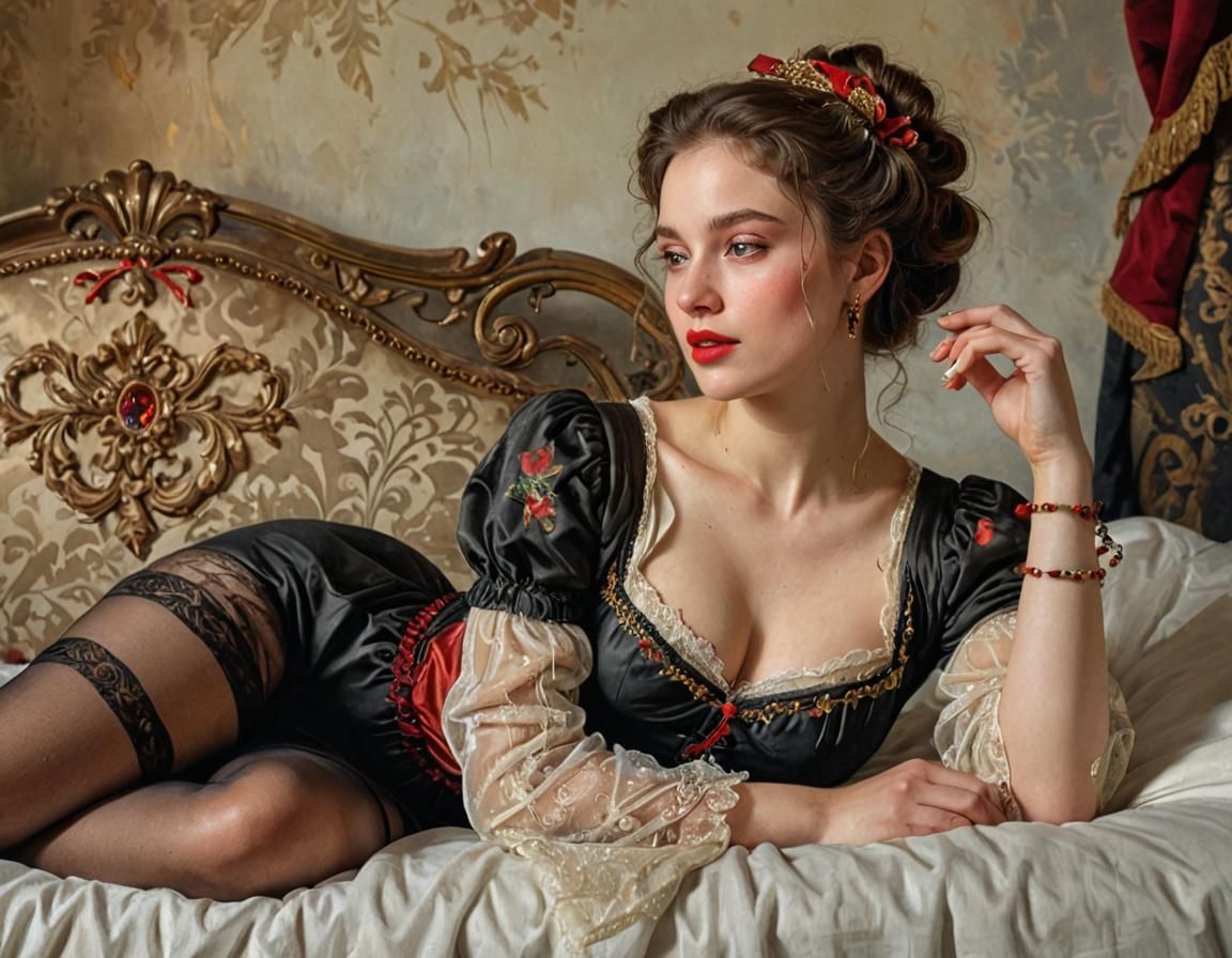 Woman Posing on Antique Bed in Oil Painting Style