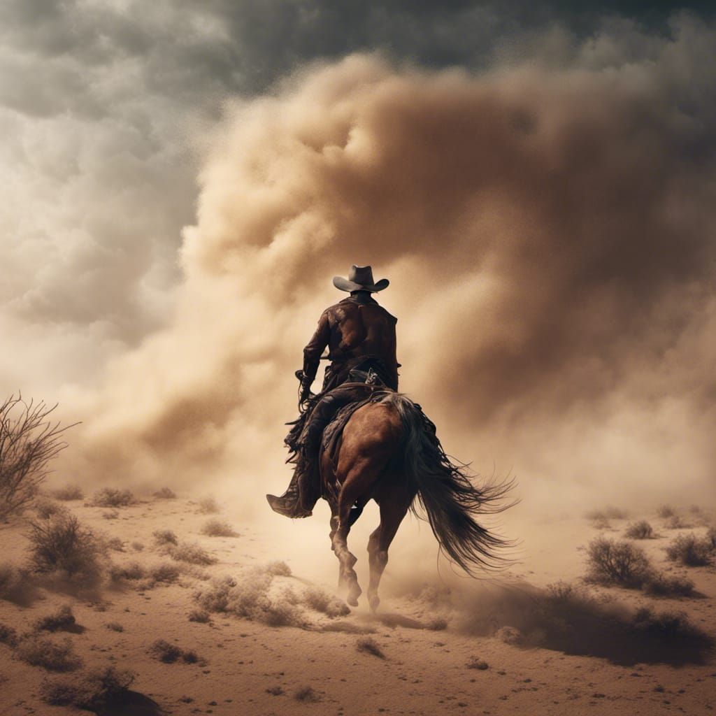 dramatic scene of a handsome cowboy emerging from a dense desert dust storm, his ruggedness emphasized by the harsh elem...