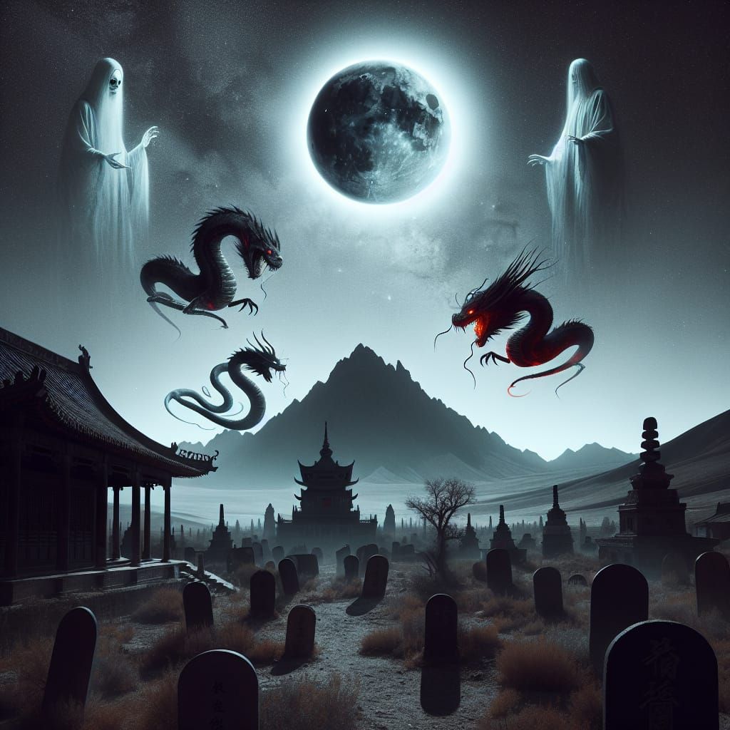 Eerie Ghost Town Under Eclipse with Dragons