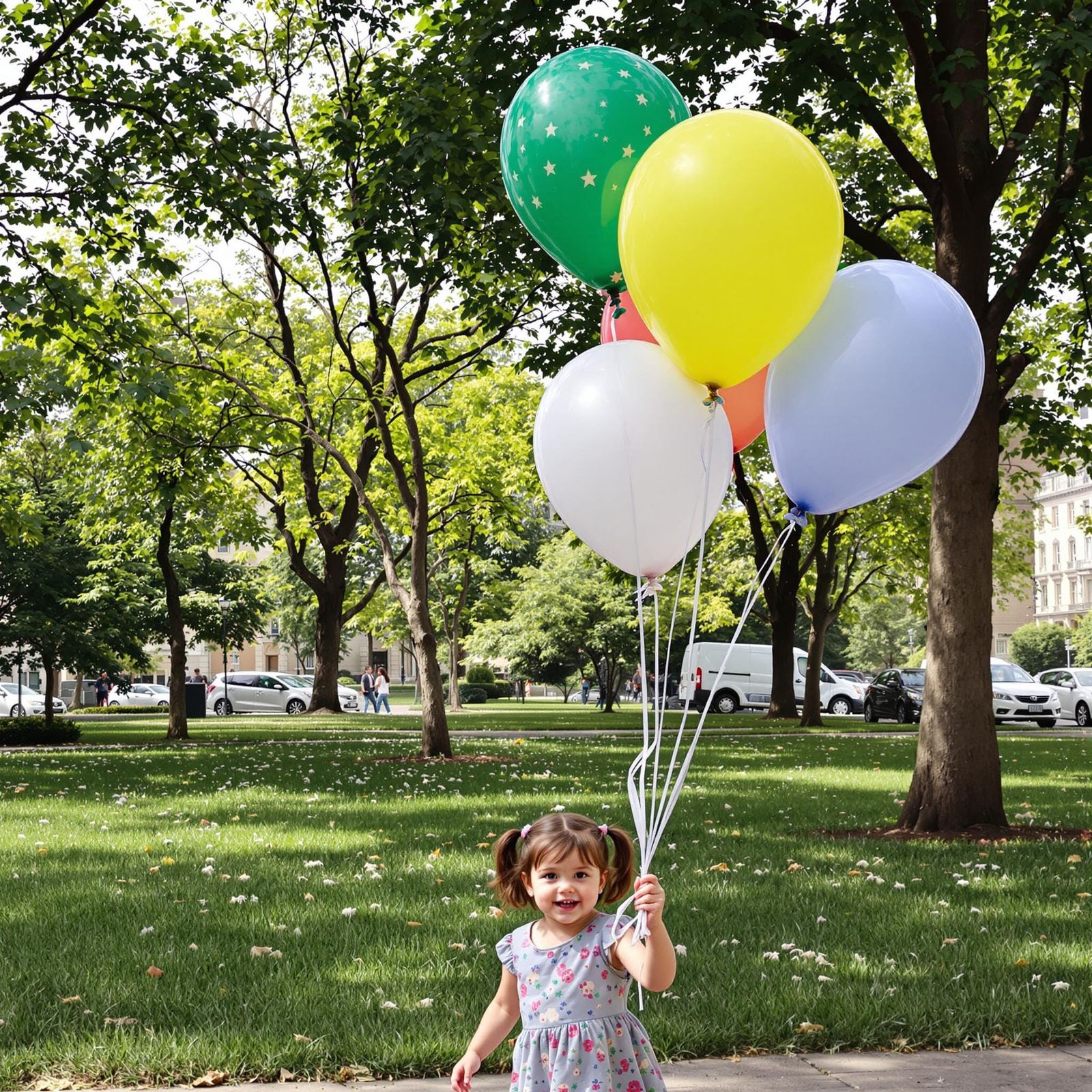 Girl with Balloons in City Park