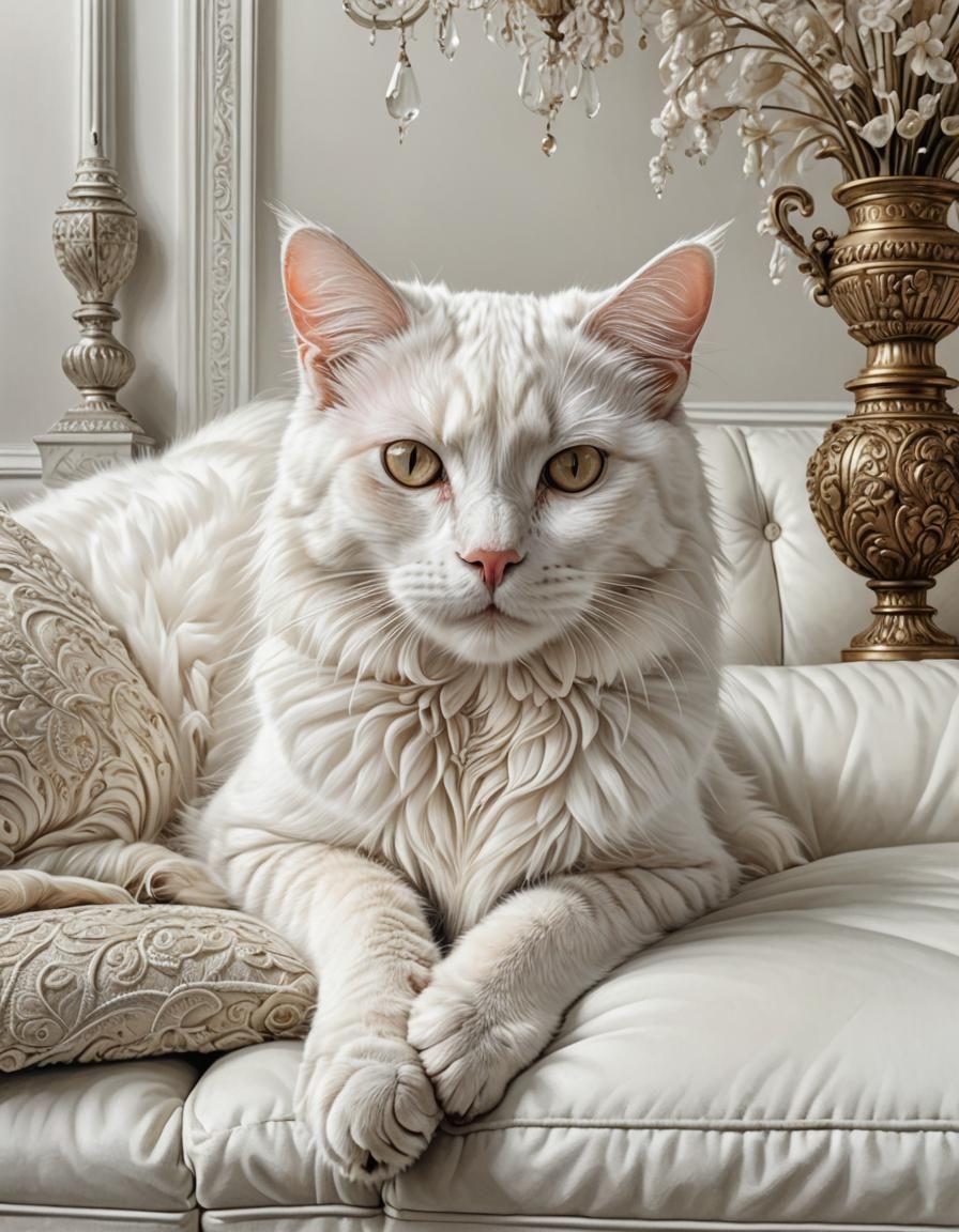 Albino Cat Lounging in White Room: Pencil Art