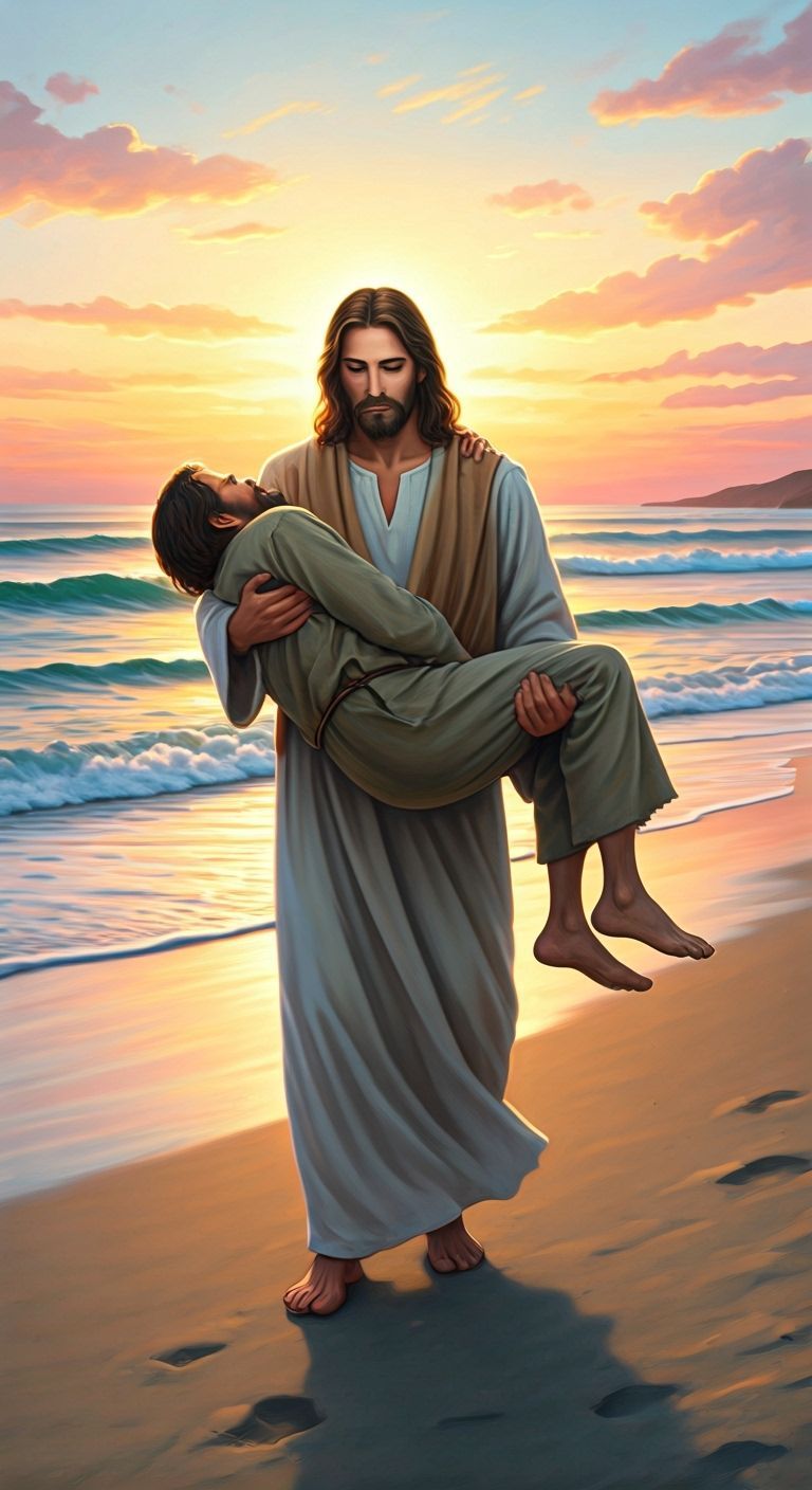 Jesus Carrying Man on Beach at Sunset