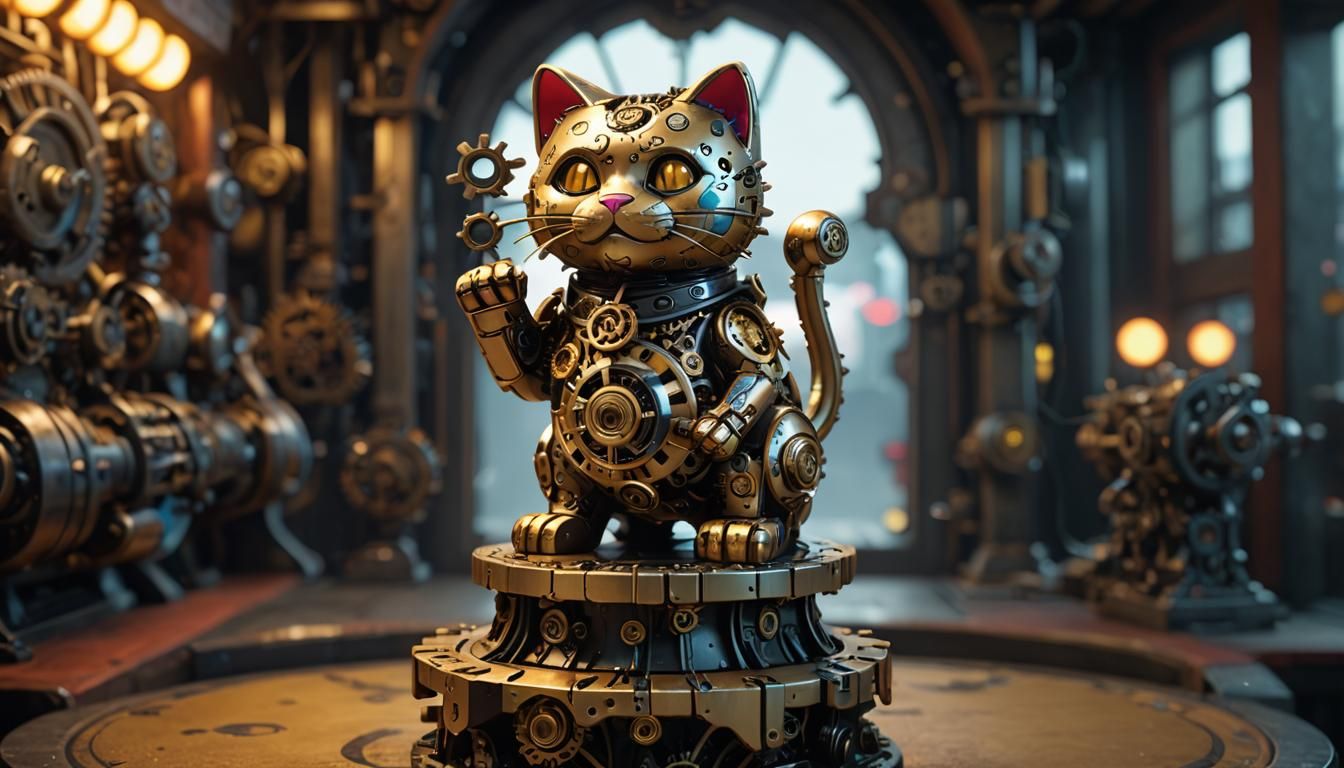 Cyberpunk Maneki Neko Sculpture in Digital Art Style