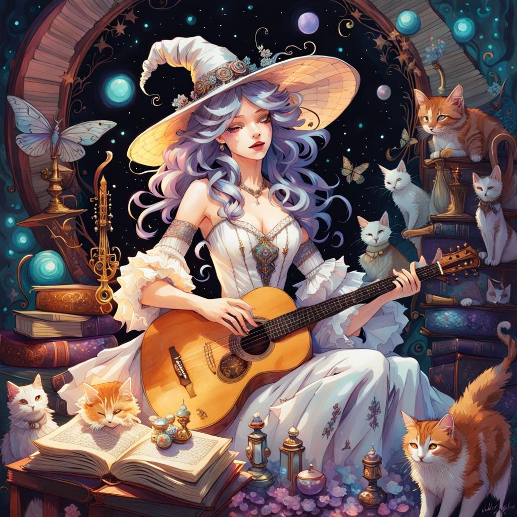 Musical Witch Laughing in Gritty Dark Fantasy Art