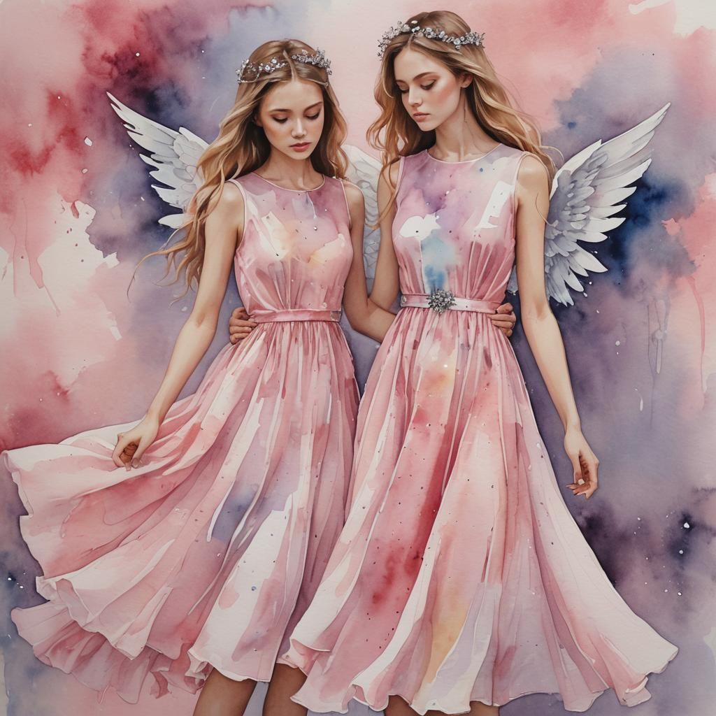 Crystalline Watercolor Angel in Pink Dress