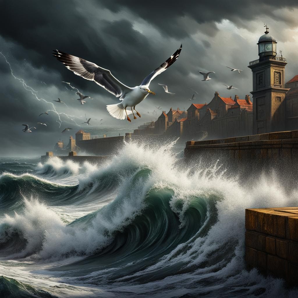 Seagull in Stormy Sea: Oil Painting Concept Art