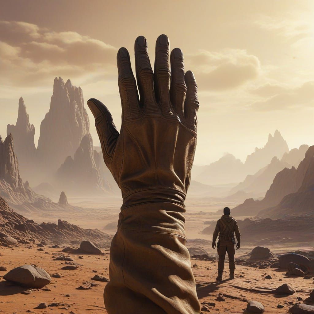 First Person View of Gloved Hands Facing Giant Monster