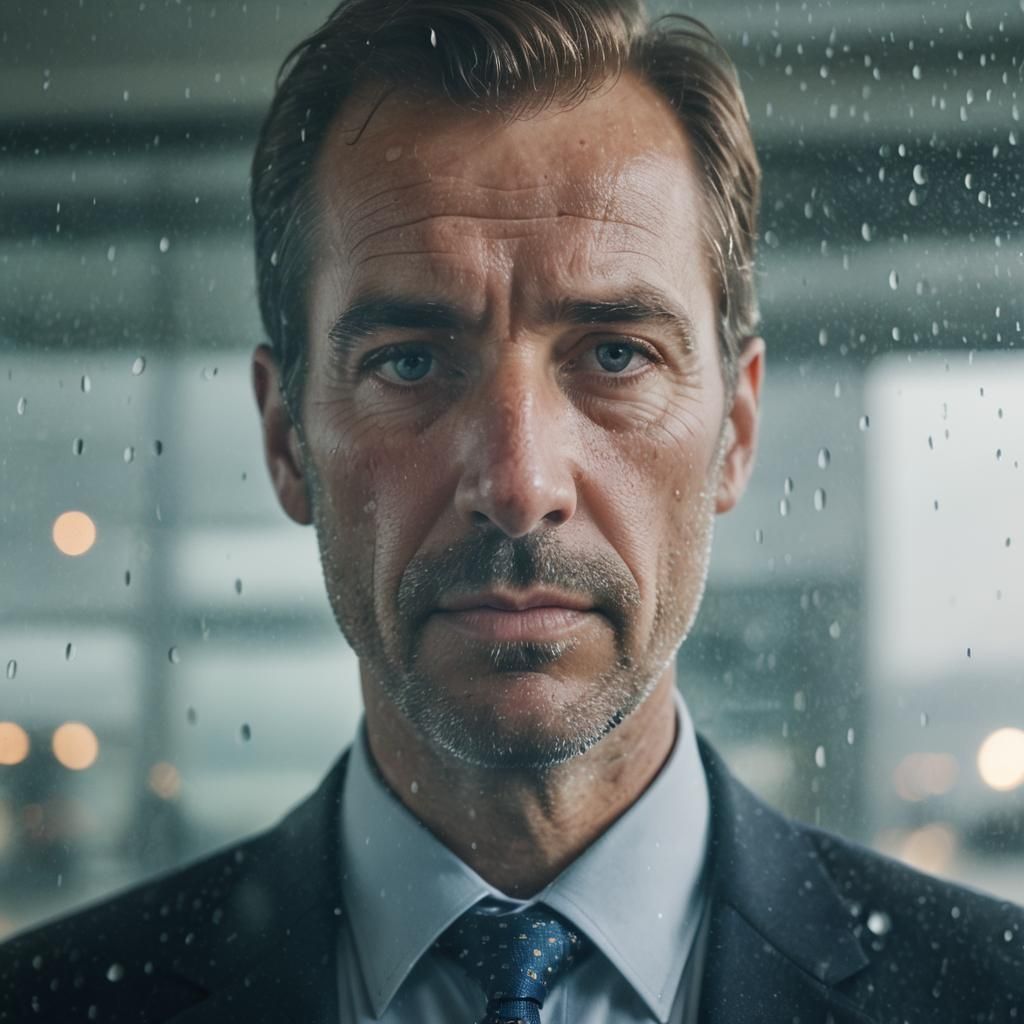 Worried Businessman Reflected in Foggy Window