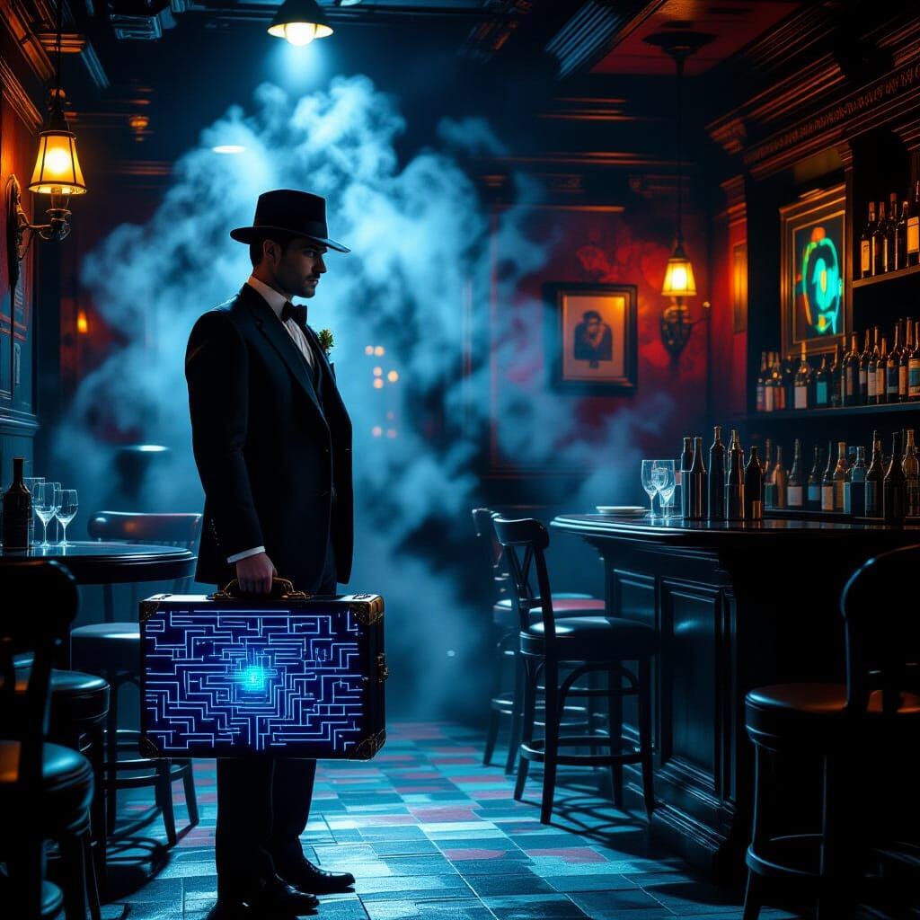 Dapper Man in Speakeasy with Digital Briefcase