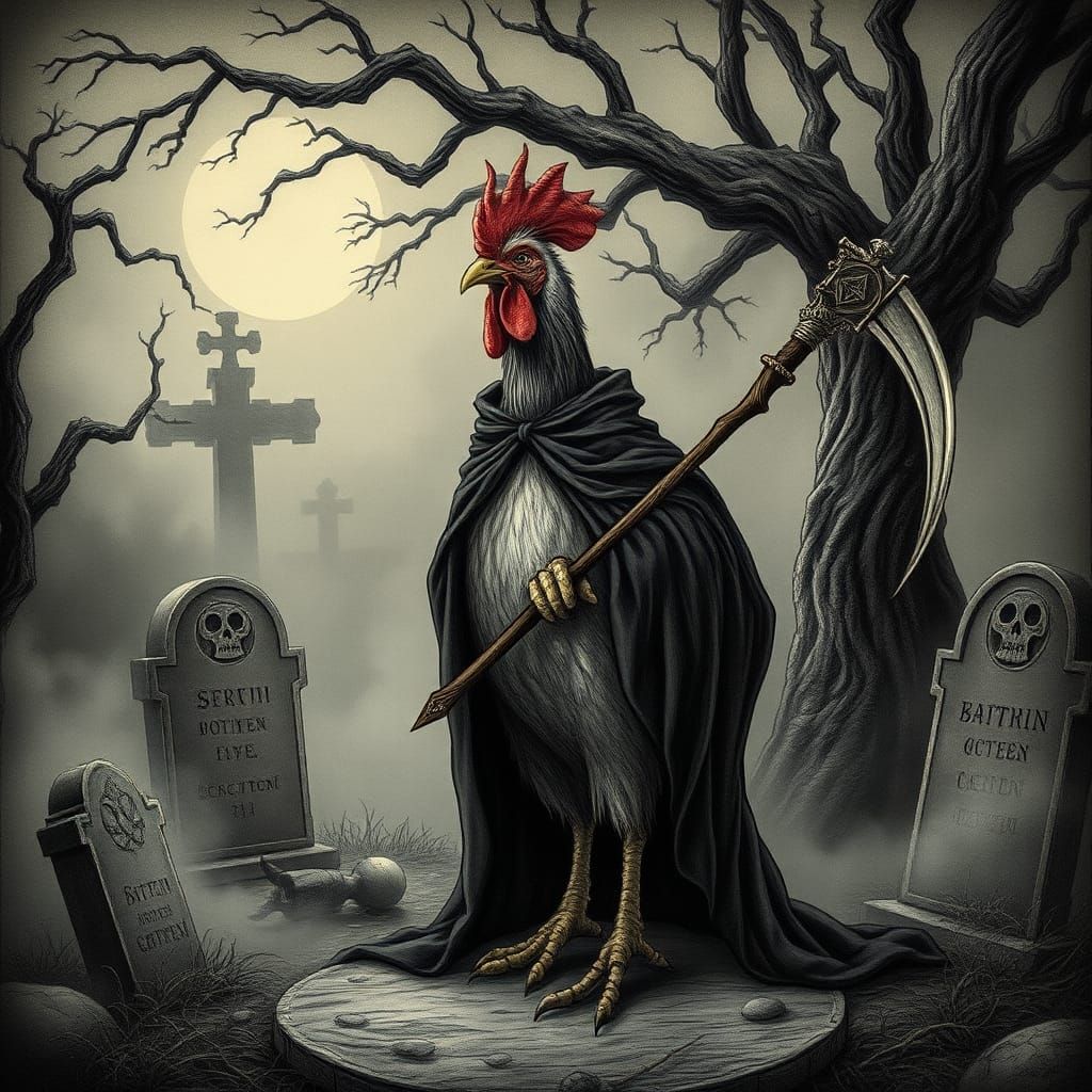 Chicken Grim Reaper Guides Spirits in Cemetery