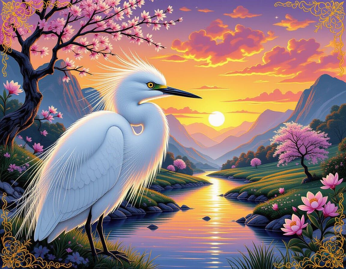Ethereal Snowy Egret in Fairy Spring Landscape