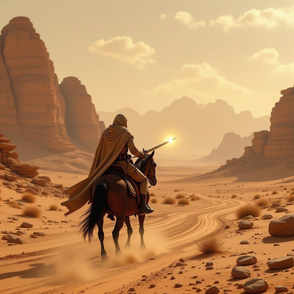 Lone Rider Under Yemen Sky in Digital Art Style