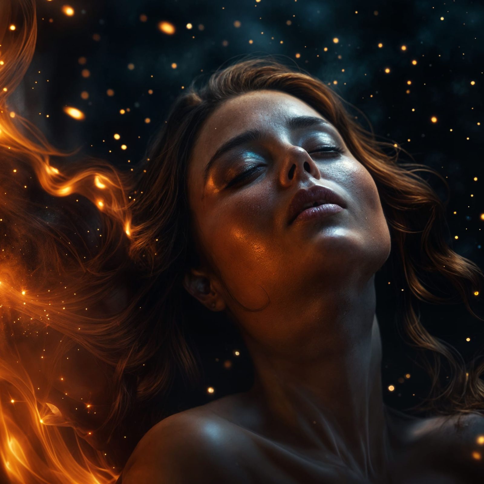 Serene Woman Amidst Stars, Flames, and Dark Atmosphere