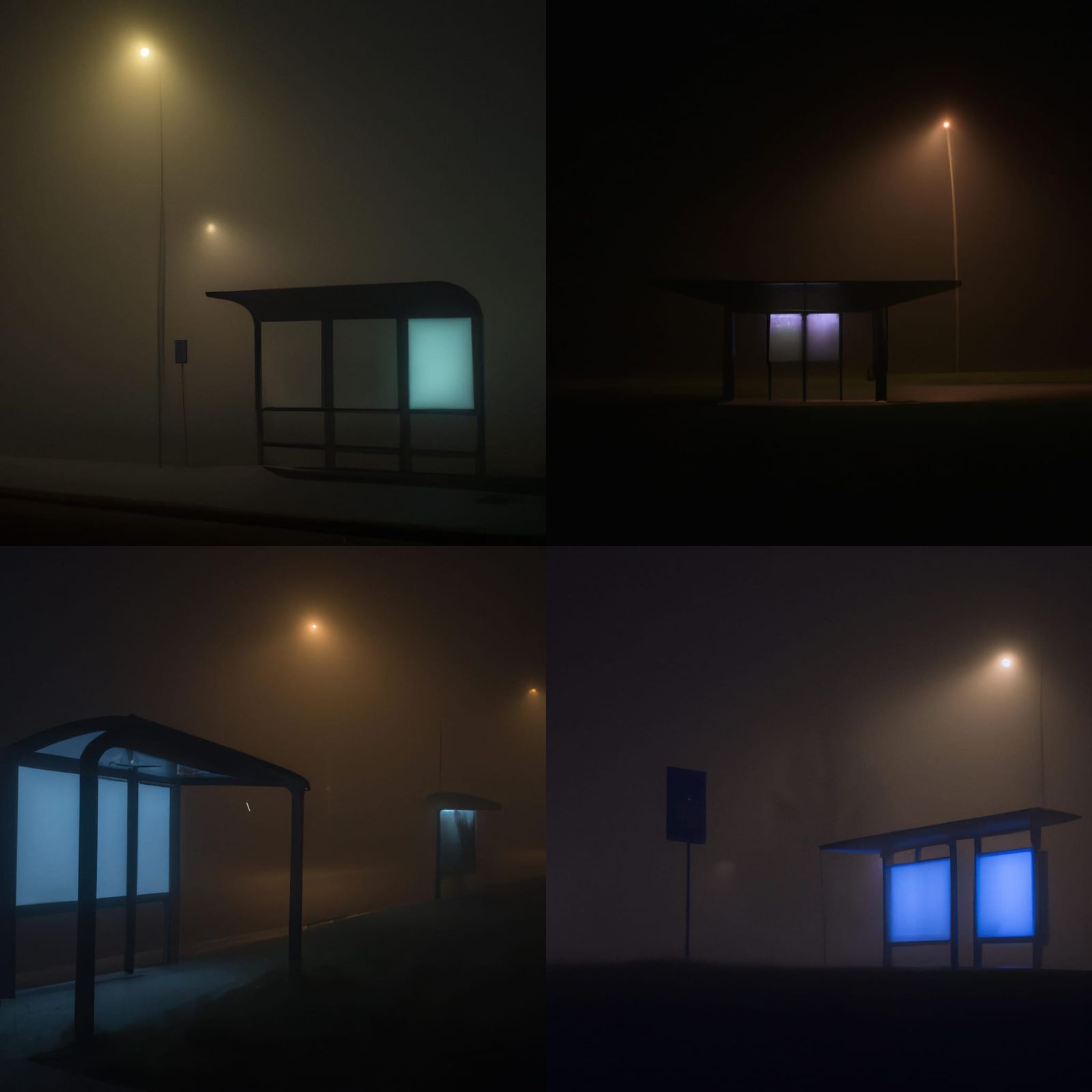 Eerie Bus Stop in Thick Fog at Night