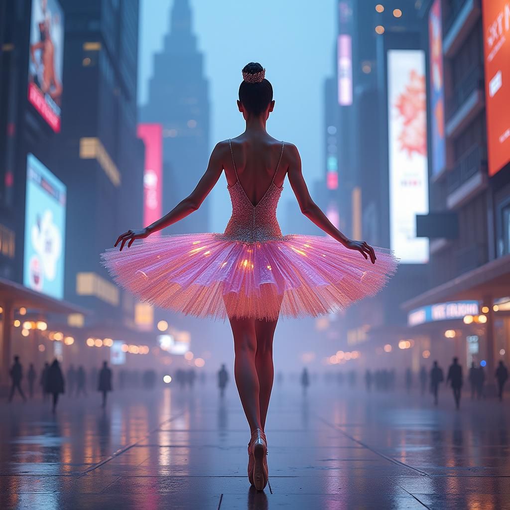 Futuristic Ballerina in Neon Dystopian Cityscape