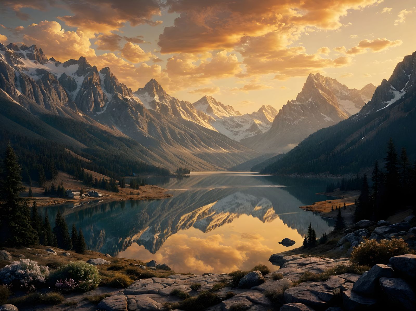 Psychedelic Mountain Valley at Golden Hour