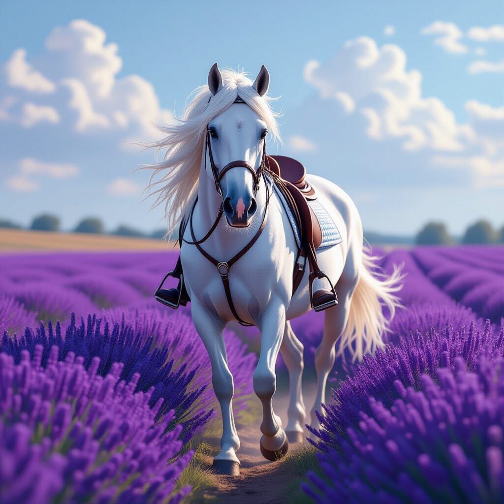 Majestic White Horse in Lavender Field, Hyperrealistic Style