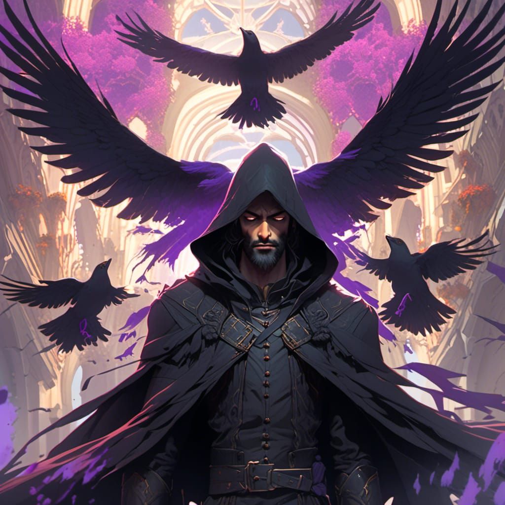 Ominous Man with Raven in Anime Style