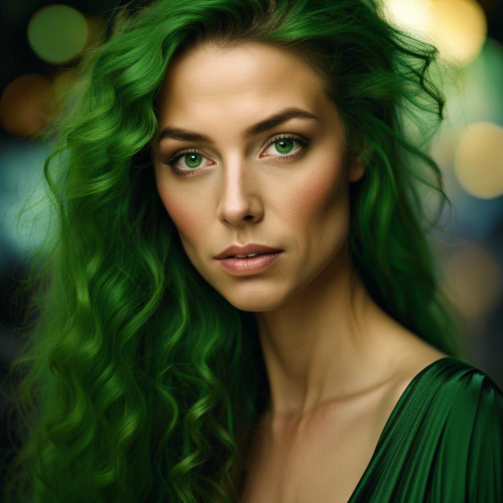 Beautiful Woman with Flowing Green Hair Portrait