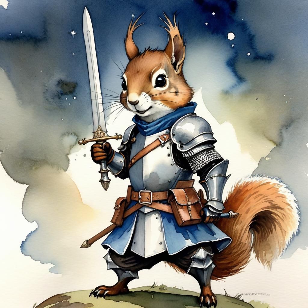 Noble Squirrel Knight in Watercolor Style
