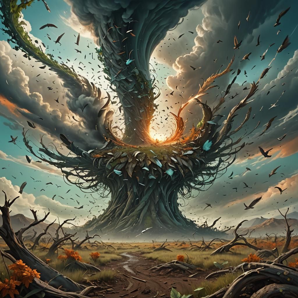 Bird Tornado Swirls in Open Landscape, Digital Art