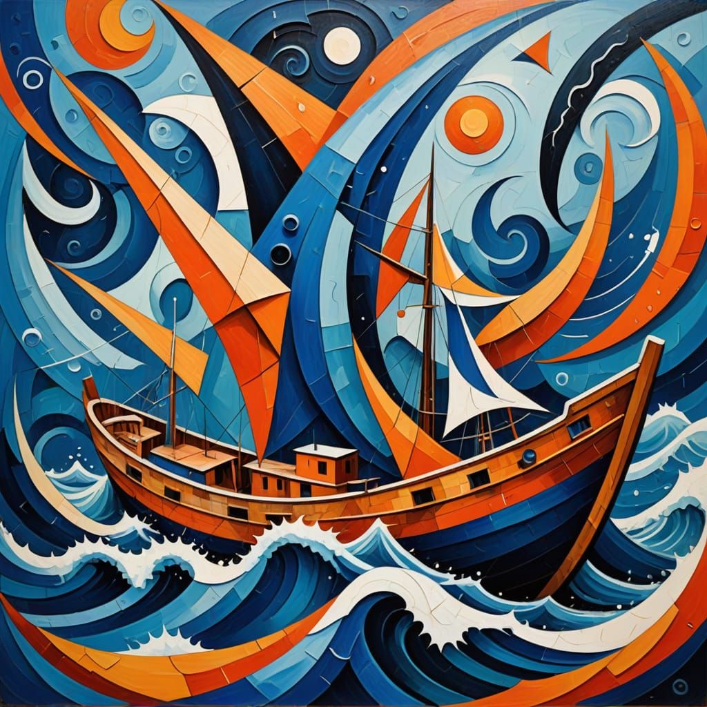 Surreal Sea Creature Protects Sailors in Cubist Style