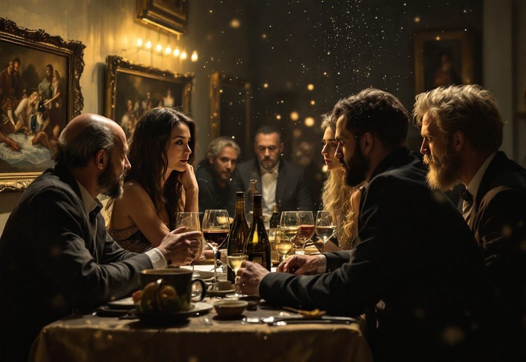 Museum Paintings Party at Night: Hyperrealistic 3D Scene