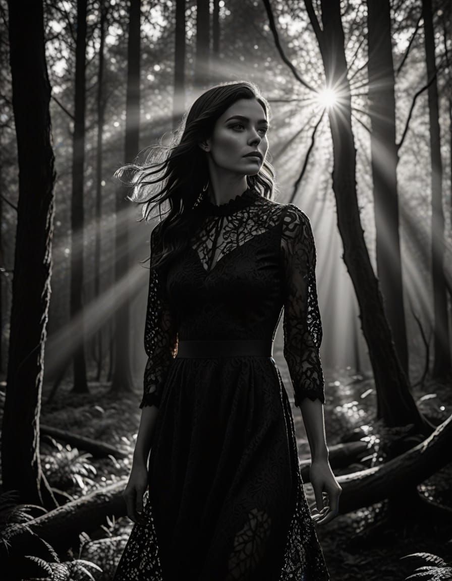 Dark-Haired Woman in Lace Dress, Black and White Photography