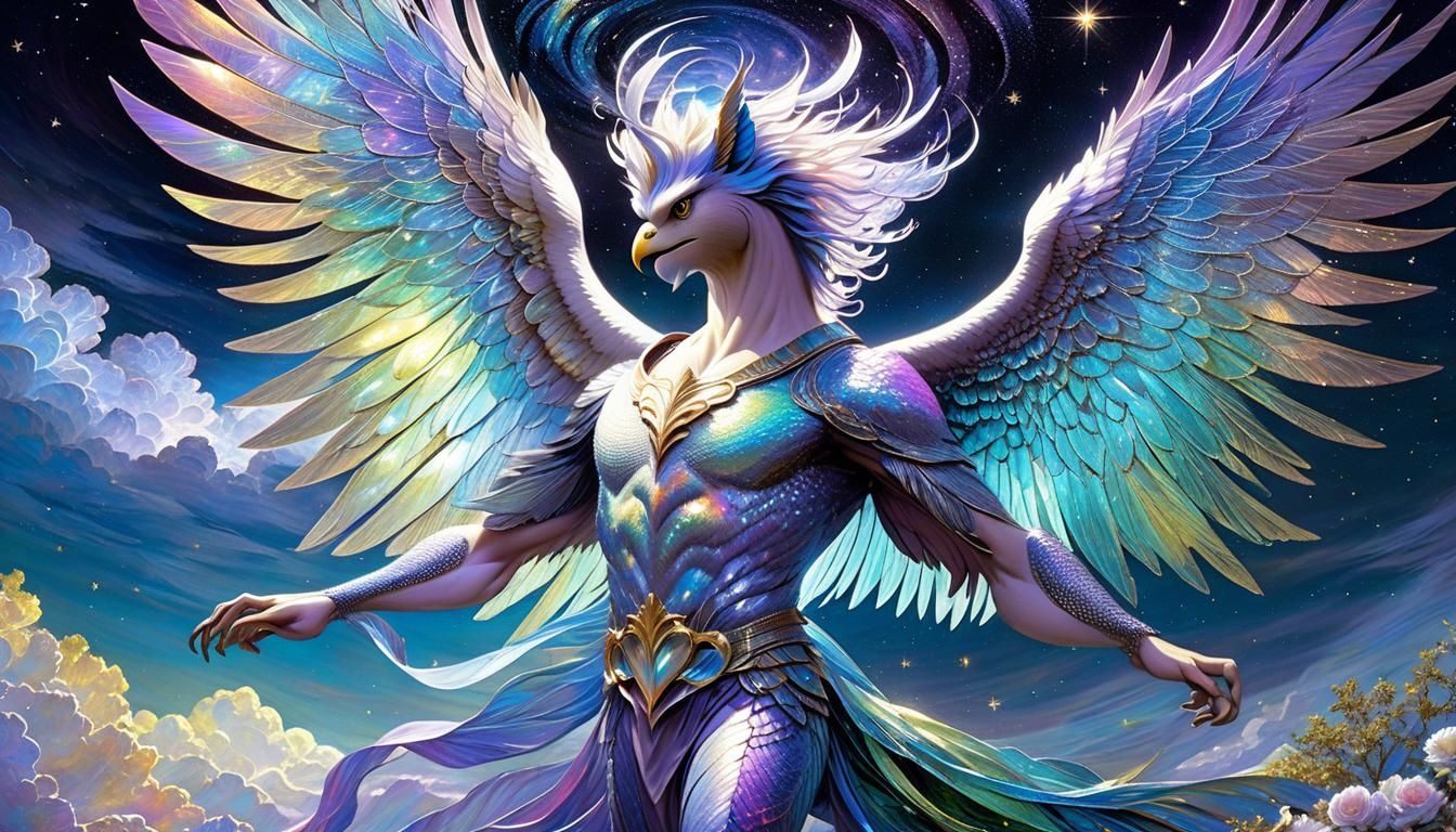 Majestic Gryphon-Man Under Stars in Maximalist Style