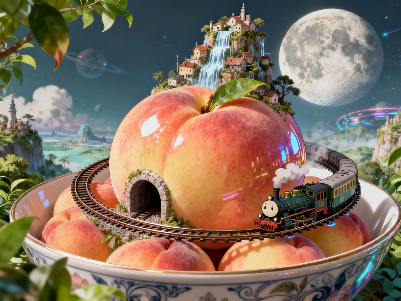 Whimsical Peach with Train Tracks and Village, Studio Ghibli...