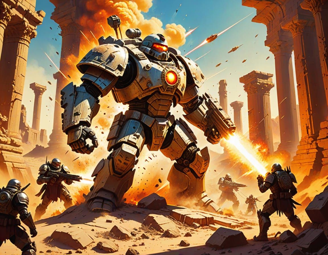 Laser Battle in Desert Ruins, Fantasy Illustration