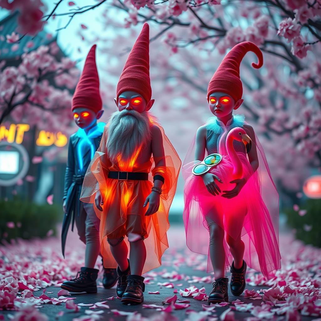 DMT Gnomes Stroll Through Futuristic Cherry Blossom Garden