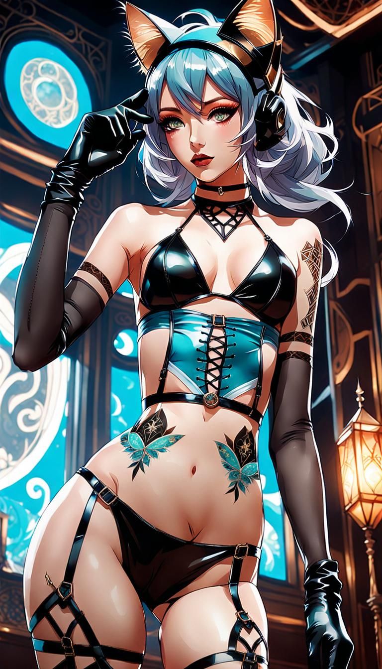 Beautiful Anime Catgirl in Latex Bikini