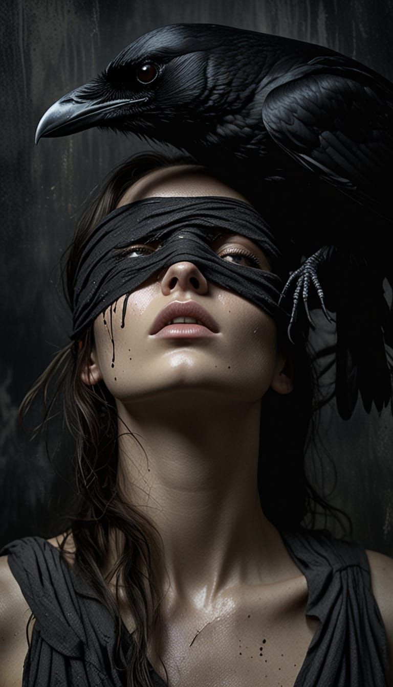 Dark Portrait: Woman with Crow and Blindfold